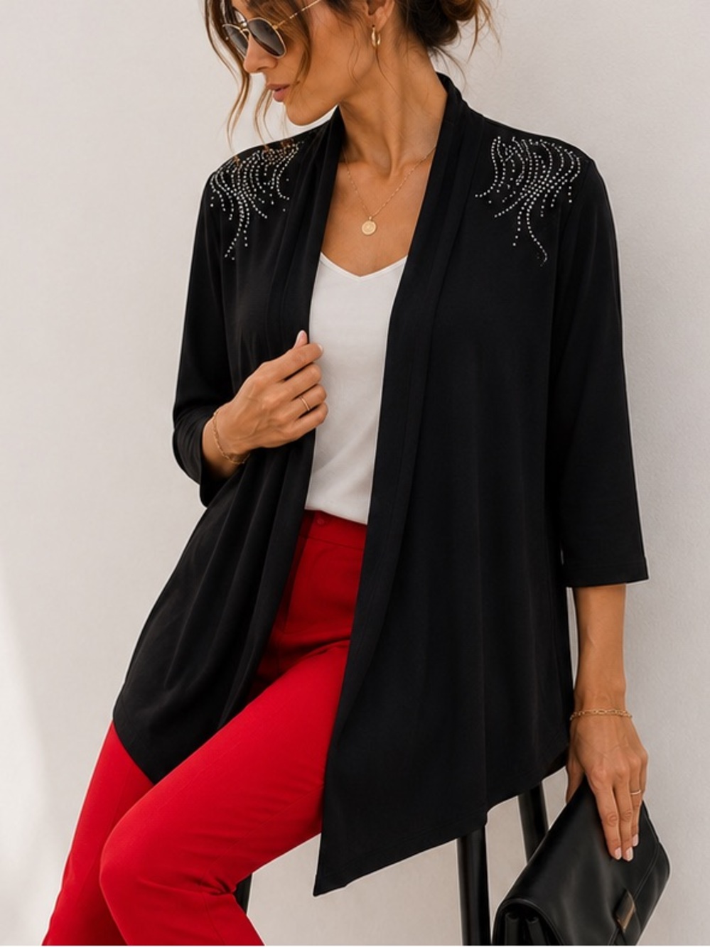 Black Rhinestone Shoulder Cardigan Open Front Lightweight Drape Top